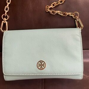 Tory Burch Mint Leather Crossbody with Gold Chain